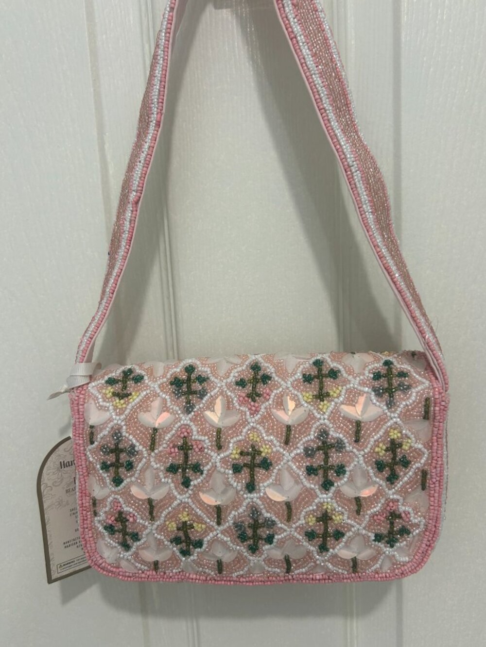 Made in India Pink & Green Garden Trellis Beaded Sequin Floral Bag New Release - Picture 2 of 10